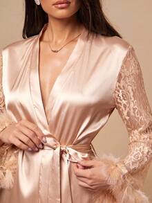 Silquee 女士蕾丝拼接长袖上衣和裤子睡衣套装，秋冬服装 - 香檳色 - 查看 5