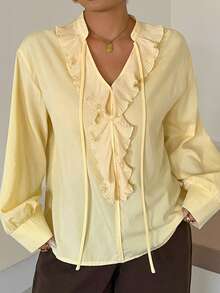 Dazy Plus Yellow Chiffon Blouse With Lace Ruffle Patchwork, Elegant Commuter Style With Tie-Up Detail, Spring/Autumn Shirt - Yellow - View 6
