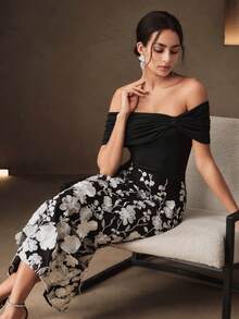 Anewsta Women's Elegant Mid-Length 3D Embroidered Off-Shoulder Dress, Black And White Cocktail Dress For Party, Wedding Guest Wear - Black - View 3
