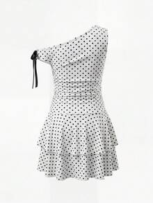 SHEIN Vestido de punto con cuello asimétrico con volantes y lunares elegante para niñas preadolescentes, verano - Blanco - Ver 4