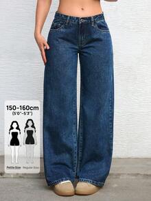 Jeanoix Petite Y2K休閒街頭風女款戶外四季通勤多口袋小碼深藍色牛仔寬腿褲，適合校園、秋季日常穿搭 - 深色水洗藍 - 查看 1