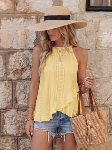 EMERY ROSE Women's Vacation Burn-Out Embroidery Ruffle Trim Casual Halter Tank Top - Yellow - View 1