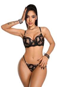 AltCore Women's Sexy Classic Black Feather Embroidered Lingerie Set 2pcs - Black - View 3