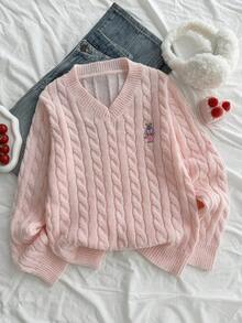 SHEIN 1件女款套頭毛衣，經典麻花編織純色時尚V領修身長袖適中厚度針織套頭衫，胸前黑色馬刺繡設計，舒適修身，適合單穿，春/秋必備，休閒百搭，適用日常穿著、居家、外出、聚會、購物 - 粉色 - 查看 3