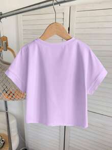 SHEIN Tween Girl Casual Solid Color Loose Crew Neck Rolled Cuff Cap Sleeve Cropped T-Shirt - Mauve Purple - View 3