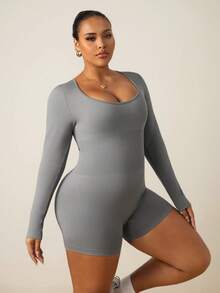 SHEIN Rhythm Era Đồ liền thân thể thao tay dài size lớn cho nữ mùa thu - Xám - Xem 5