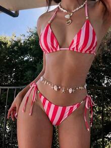 Swim Mod 女款夏季海灘度假掛脖綁帶露背性感比基尼套裝，條紋珍珠裝飾，女款節慶穿搭，女款海灘穿搭，度假穿搭 - 粉色 - 查看 8