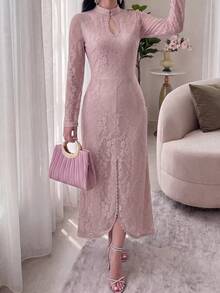 Feyla Women's Lace Split Design Casual Daily Summer Long Dress - Pink - View 6
