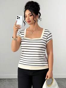 Elenzga Kaos Wanita Ukuran Besar Bergaris Leher Persegi Lengan Pendek Elastis Nyaman, Cocok untuk Bepergian & Di Rumah - Hitam dan Putih - View 6