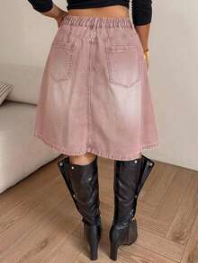 Dazy Plus Regular Mid-Waist A-Line 5-Point Denim Skirt, Casual Elegant Denim Skirt, Plus Size Women Spring Summer Brunch Formal Light Pink Birthday - Pink - View 4