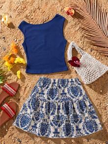 Teen Girls Blue Jacquard Textured Knit Sleeveless Top And Vintage Print Double Layer Ruffle Skirt 2-Piece Set, Fresh And Sweet Summer Vacation Casual Outfit, Back To School - Multicolor - View 2