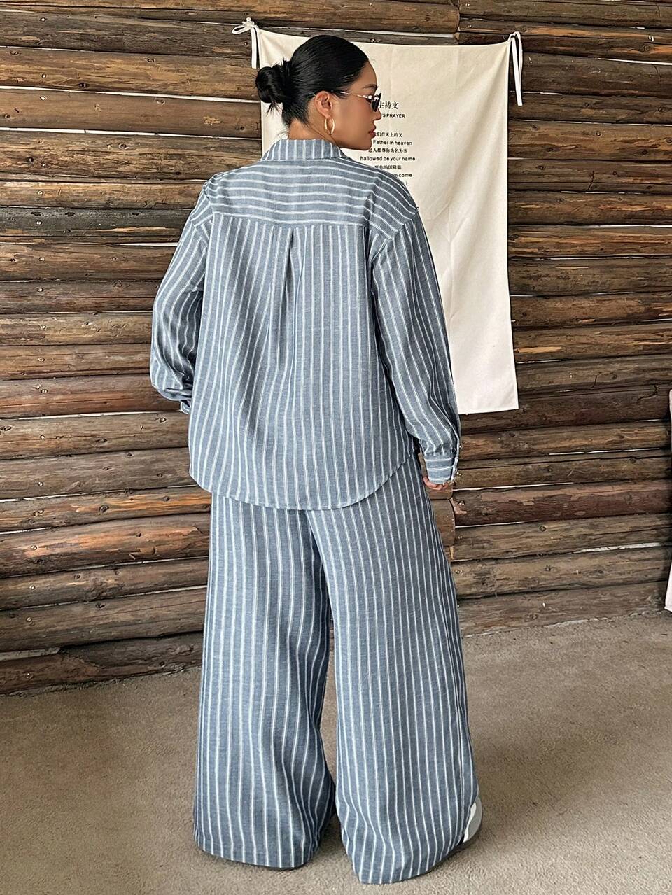 Dazy Plus Fashion Striped Loose Long Sleeve Shirt & Pants Casual Fun Commute Spring/Autumn 2 Pieces Set