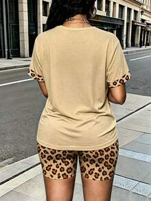 Rovax Women's Plus-Size 2 Pieces Set, Short-Sleeved Tops And Shorts.Leopard And Pumpkin Pattern. Suitable For Halloween, Casual,Gift For Friends - Multicolor - View 3