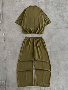 AXEPEAK Conjunto casual de camisa de manga corta de unicolor y pantalones de pierna ancha con cintura con cordón para hombre - Verde militar - Ver 3