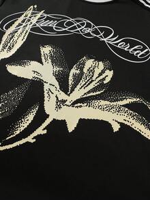 ROMWE MEN Men's Letter & Floral Print Side Stripe Long Sleeve T-Shirt - Black - View 2