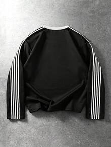 ROMWE MEN Men's Letter & Floral Print Side Stripe Long Sleeve T-Shirt - Black - View 3