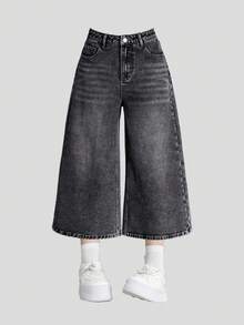 SHEIN Girlism 青少年女孩口袋寬腿鬆垮休閒百搭九分牛仔褲 - 黑色 - 查看 1