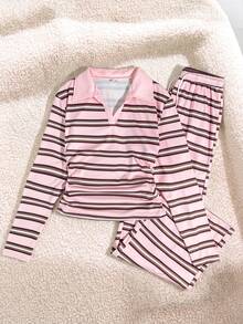 SHEIN Explorewe 青少年女孩條紋拼接短袖T恤與長褲休閒日常套裝 - 彩色 - 查看 5