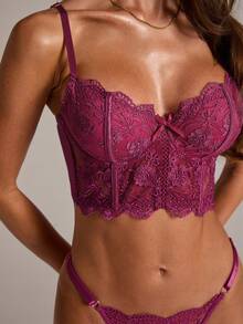 SHEIN BAE 2件套女士白色浪漫长款文胸内衣套装 - 紫色 - 查看 8