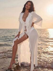Sirith Women's Solid Color Long Sleeve Drawstring Hem Cover Up - White - View 3