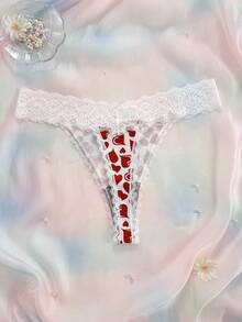 Nora Wilde 1 buah celana dalam thong ukuran besar dengan motif renda patchwork - Red and White - View 2