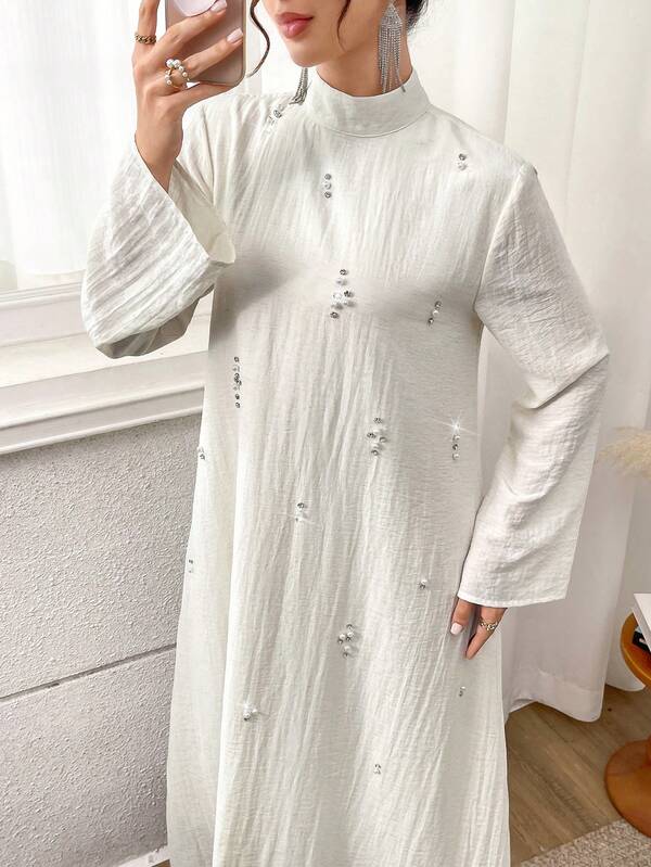 Yasmyna Women's Rhinestone Decorated Stand Collar Long Sleeve Elegant Arabian Dress