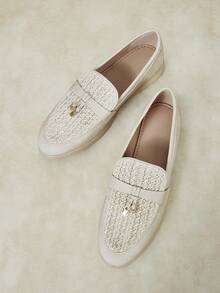 Styleloop Fashionable Beige Woven Comfortable Commuter Flat Loafers, Suitable For Outdoor Vacation Travel Shopping Flat Shoes For Women Fall Shoes - Off-white weaving - View 5