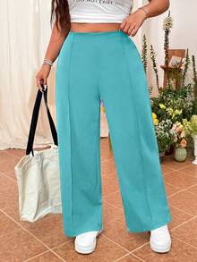 SHEIN EZwear 女款大尺碼鴨藍色純色高腰寬腿鬆身長褲 - 水鴨藍 - 查看 7