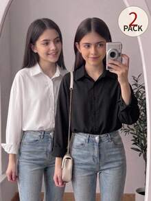 SHEIN Tween Girls Casual Versatile Simple 2pcs Comfortable Solid Color Long Sleeve Single-Breasted Casual Shirt - Black and White - View 1