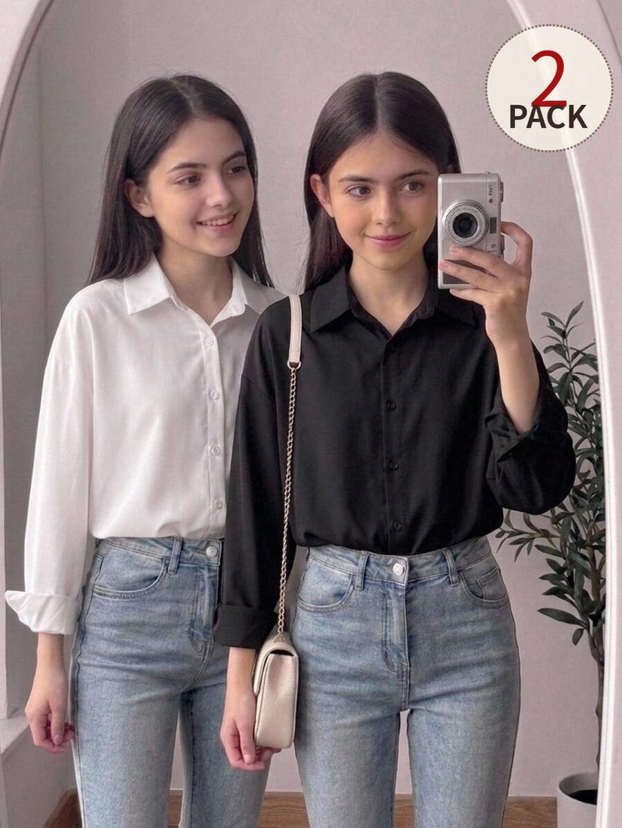 SHEIN Tween Girls Casual Versatile Simple 2pcs Comfortable Solid Color Long Sleeve Single-Breasted Casual Shirt - Black and White - View 1