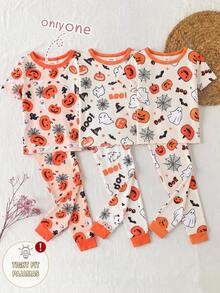 Baby Boy Comfortable Soft High Elastic Ribbed Fabric Halloween Fall  Snug Fit Pumpkin Pattern Short Sleeve Crew Neck Long Pants Tight Pajama Set - Orange - View 1
