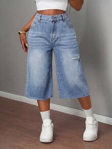 SHEIN Unity Women's Casual Streetwear Versatile Daily Travel School Everyday Denim Jeans With Pockets And Buttons Autumn Holiday Night Light Blue Weekend - Light Wash - View 8