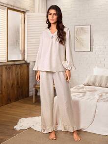 Serenescape Vacation Style Printed V-Neck Lace Trim Long Sleeve Loose Pants Women's Pajama Set - Multicolor - View 6