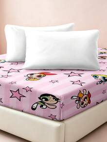 THE POWERPUFF GIRLS X SHEIN 1件粉色卡通角色圖案床墊，可愛複合布料鬆緊帶床墊，適合臥室，可愛床上用品，送給她的禮物 - 粉色 - 查看 4