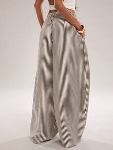 SHEIN Tall CURVE Plus Size Fashion Commuter Striped Curved Leg Pants Fall - Brown - View 2