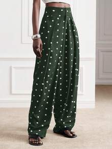 Aveloria Modichic Modern Elegant 70s Women Casual Versatile Commute Office Party Daily Green Polka Dot With White Polka Dot High Waist Tapered Leg Long Pants Fall - Green - View 5