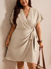Elaquor Vestido casual de verano de talla grande con lazo y unicolor - Caqui - Ver 5