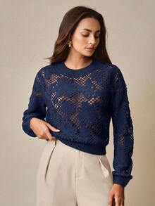 Anewsta Round Neck Short Crochet Asymmetrical Floral Pattern Fitted Cover Up - Royal Blue - View 5