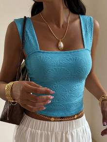 DAZY Women's Summer Casual Vacation Daily Commute Minimalist Solid Color Textured Fabric Square Neck Fitted Cropped Tank Top - Blue - View 2