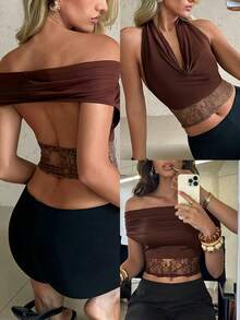 Privoire Women's New Fashion Solid Color Lace Patchwork Versatile Casual Commuter Top T-Shirt - Brown - View 1
