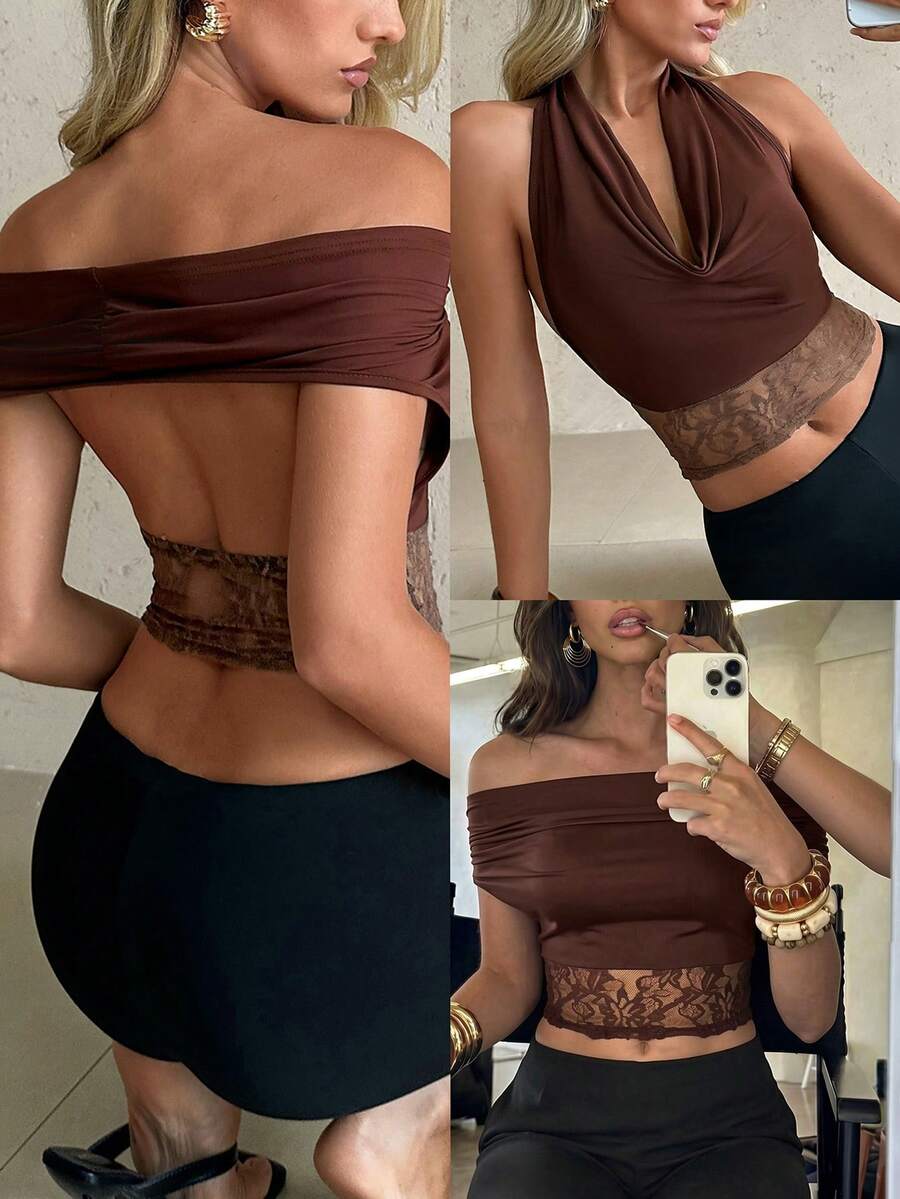 Privoire Women's New Fashion Solid Color Lace Patchwork Versatile Casual Commuter Top T-Shirt - Brown - View 1
