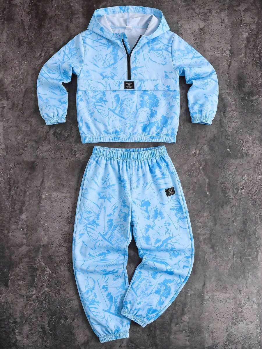 SHEIN 2件組兒童青少年男孩半拉鍊連帽外套與慢跑長褲套裝,適合秋冬、學校、家庭聚會、開學、運動、生日派對,秋季穿搭,冬季穿搭 - 彩色 - 查看 1