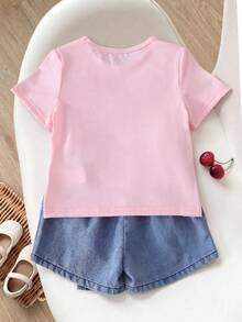 SHEIN Playful Pals 女童休閒可愛圓領標準肩寬彩色波點彩虹印花T恤與純色牛仔裙套裝，夏季返校穿搭 - 粉色 - 查看 3