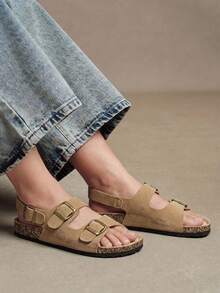 Solecia Three-Buckle Rear Strap Cork Sandals Women, Retro Suede Adjustable Buckle To Wear Boken Sandals - tawny - View 12