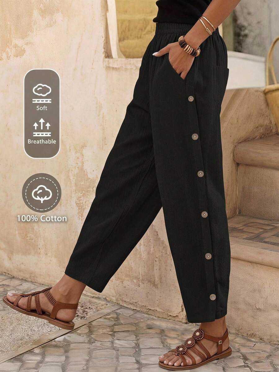 EMERY ROSE Women Leisure Solid Color Side Button Tapered Pants For Vacation - Black - View 1
