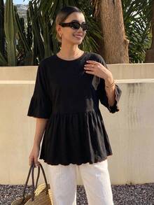FRIFUL تي شيرت نسائي بأكمام كشكشة وياقة دائرية وأكمام قصيرة، مناسب للارتداء اليومي في الصيف - الأسود - مشاهدة 2