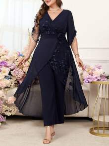 SHEIN CURVE+ 大尺碼刺繡時尚精緻 3D 花卉裝飾寬鬆連身褲 - 藏蓝色 - 查看 3