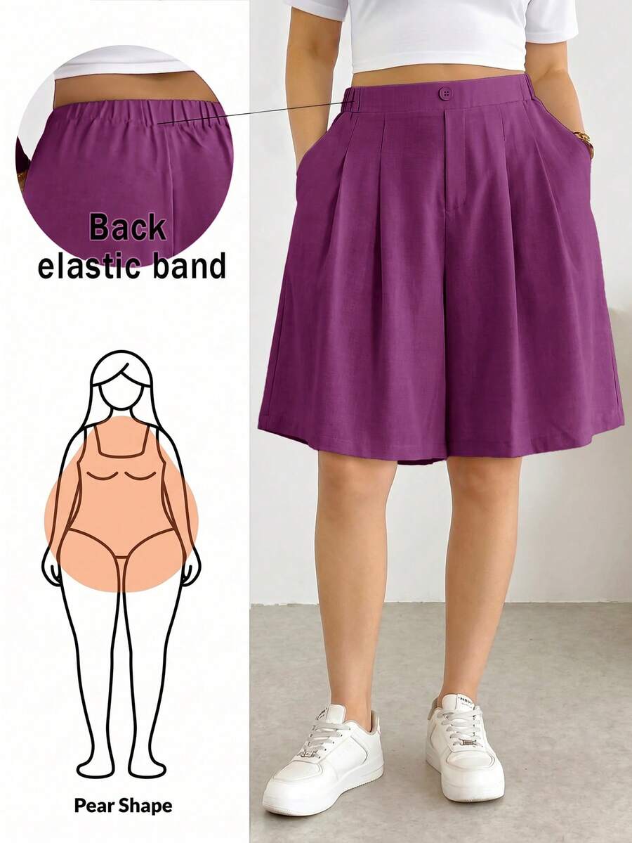 Shapeblank 大尺碼女款純色口袋百褶休閒百搭日常短褲