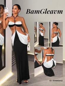 BamGleam 女款對比色鏤空設計性感掛脖洋裝 - 黑色 - 查看 9