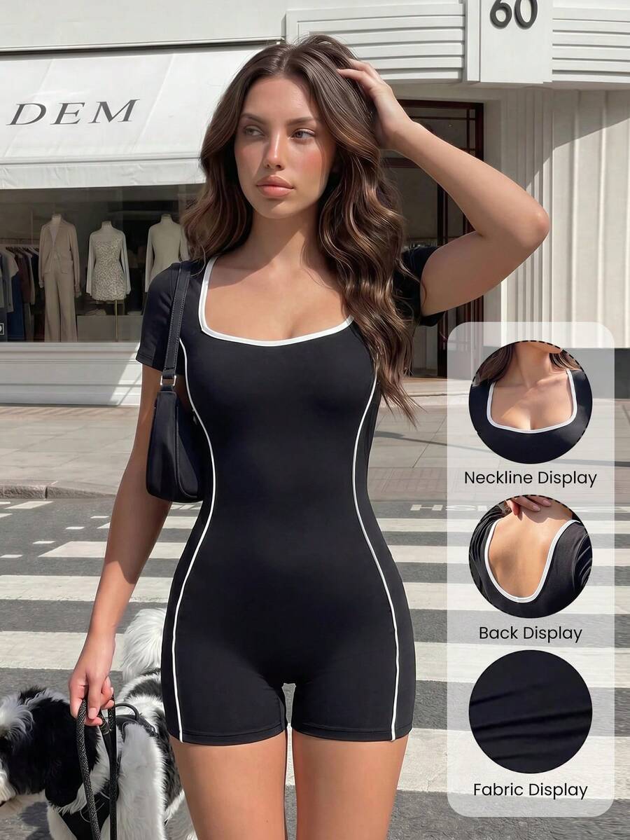 Dewbera Dewbera Casual Versatile Striped Colorblock Short Sleeve Sports Romper - Black - View 1